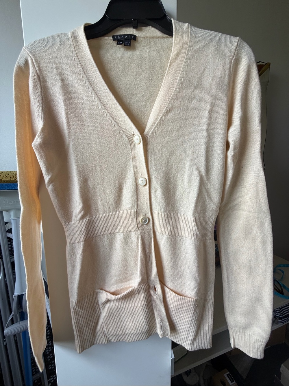 Theory Cream V-Neck Button Front Cardigan